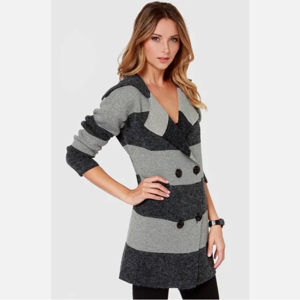 Ya Los Angeles Sweater Jacket Coatigan OS / M Gray Striped Peacoat Button‎ Up